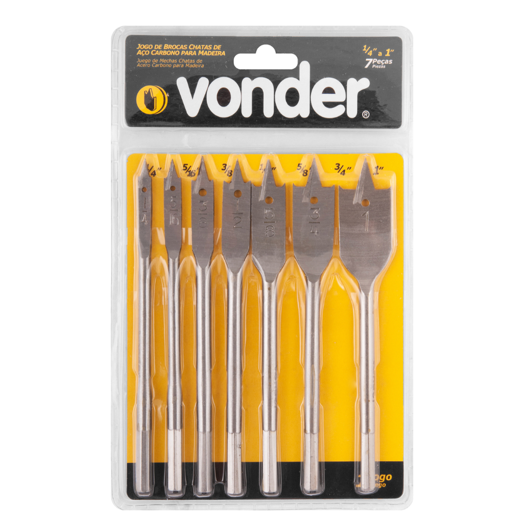 Jogo de brocas chatas, com 3 peças, de 3/8" a 5/8", com 7 peças, de 1/4" a 1", VONDER