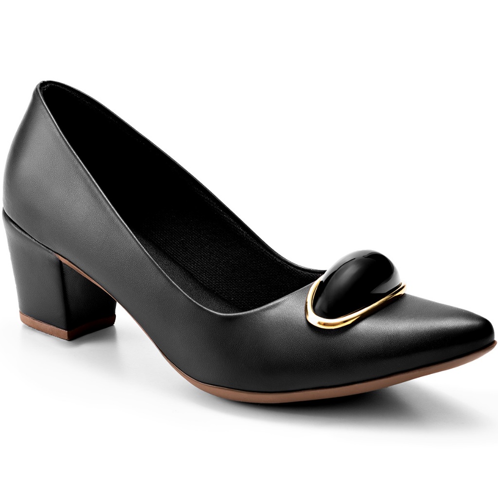 Scarpin Feminino Lumiss Confortável Enfeite Salto Bloco Baixo Preto em Oferta na Shopee