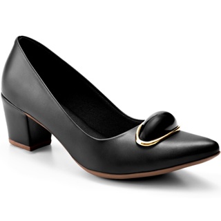 Scarpin Feminino Lumiss Confortável Enfeite Salto Bloco Baixo Preto em Oferta na Shopee