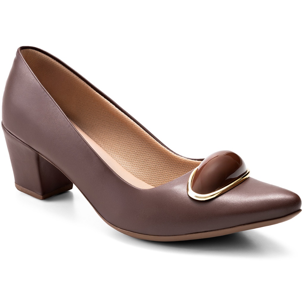 Scarpin Feminino Lumiss Confortável Enfeite Salto Bloco Baixo Marrom