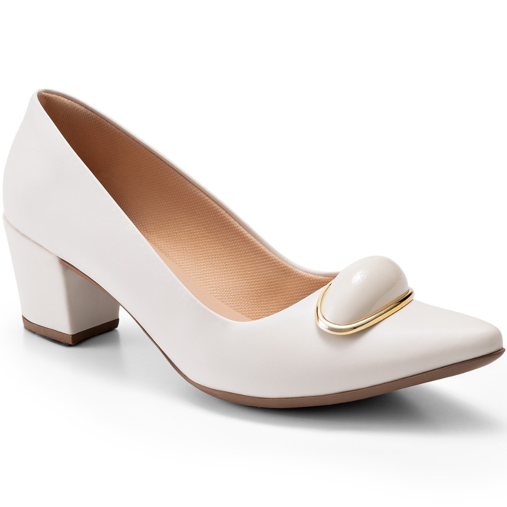 Scarpin Feminino Lumiss Confortável Enfeite Salto Bloco Baixo Off White