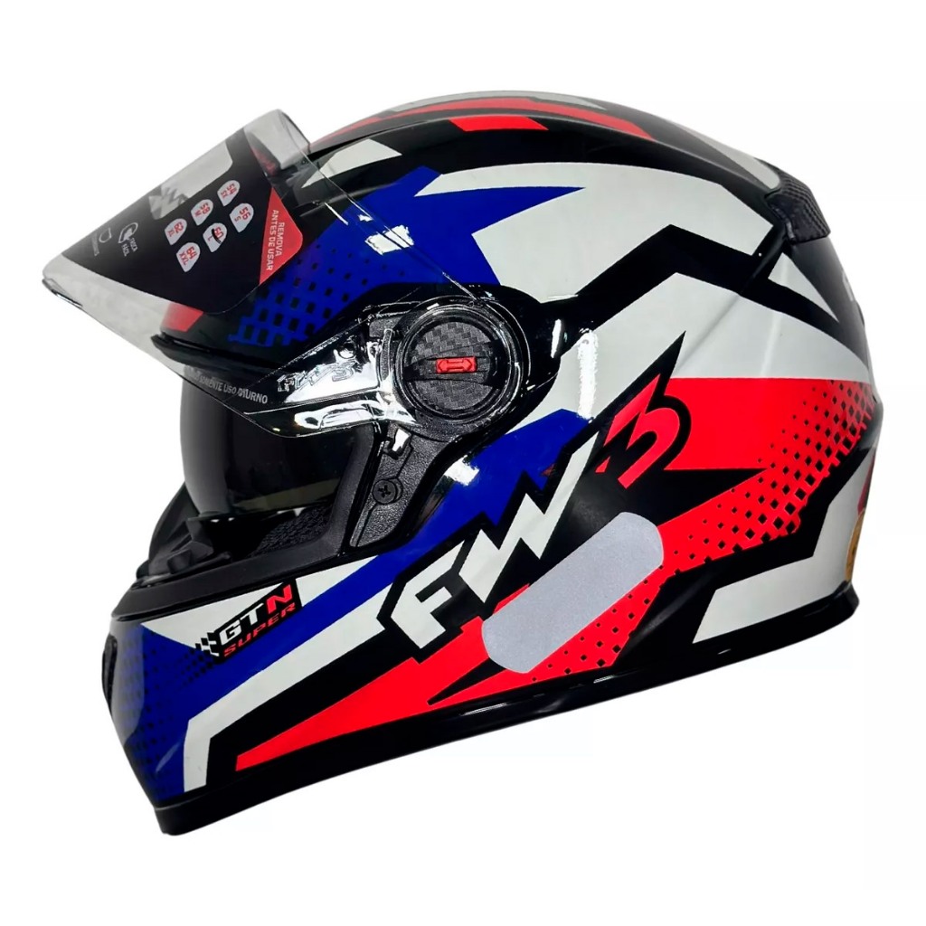 Capacete Moto Fechado GTX Super Vermelho com Azul/Branco Viseira Cristal Inmetro Tamanho 56 - FW3