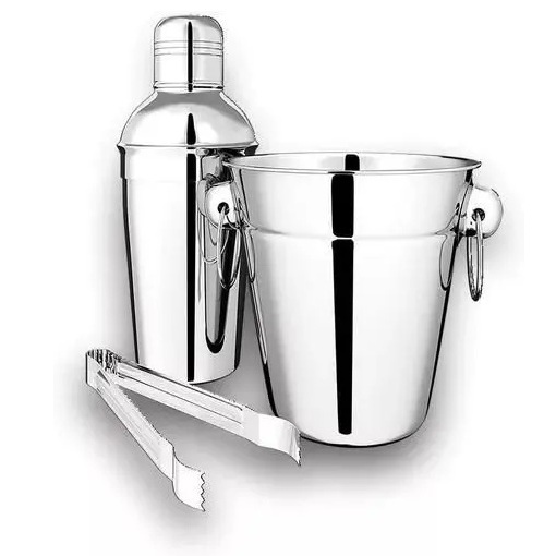 Jogo Bar 3 Peças Coqueteleira Balde Pinça Aço Inox Casíta