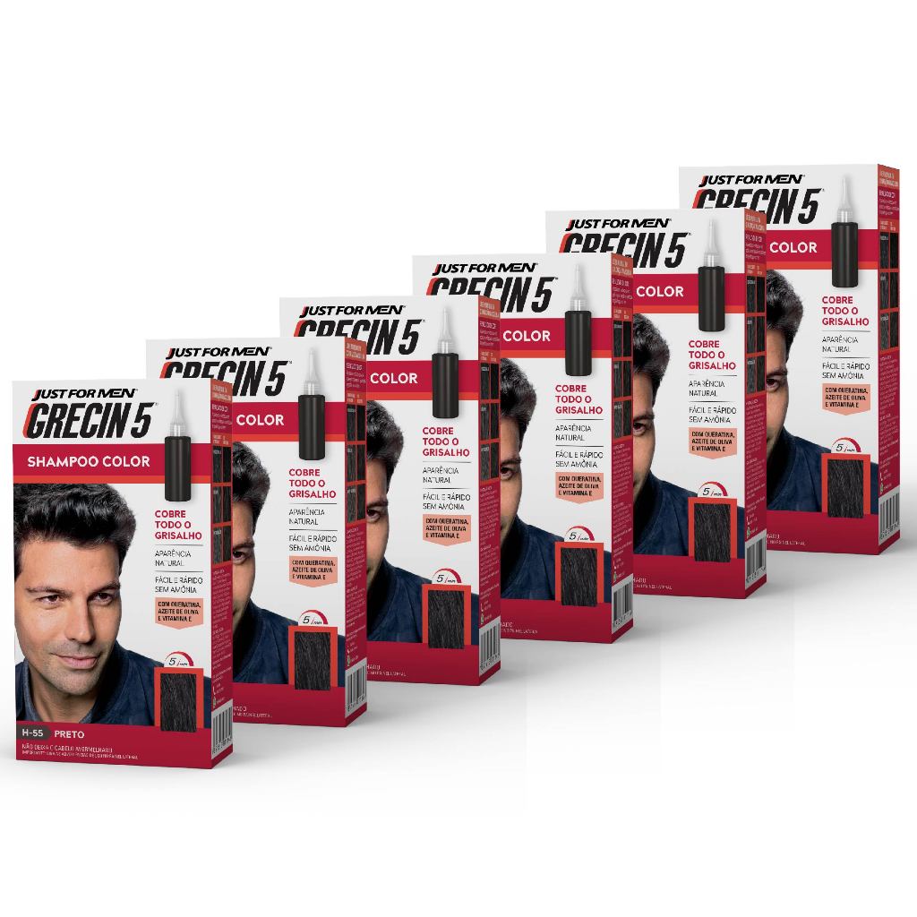 Kit 6x unidades - Grecin 5 Shampoo Tintura Tonalizante Preto H-55 60ml - Cobre os cabelos grisalhos em 5 minutos. em Oferta na Shopee