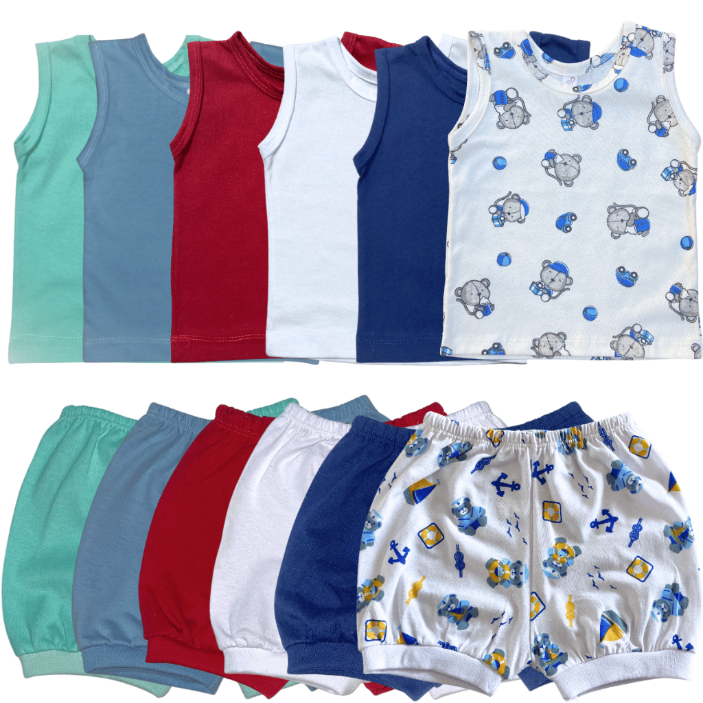Kit 12 Peças Infantil bebe 6 Regata Camiseta 6 Short Tapa Fralda Liso Estampado Pijama Enx...