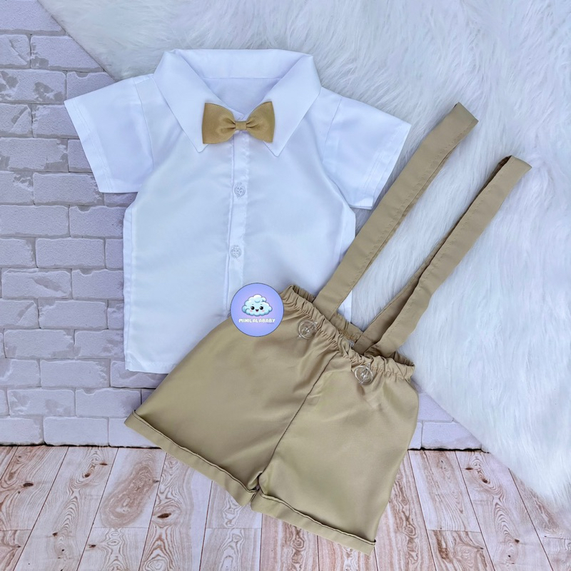 Roupa Social Infantil Menino Camisa Branca Gravata Borboleta Suspensório Bege