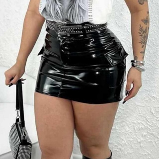 Mini Saia Cargo Vinil Bolso Lateral (Opção com/sem cinto) look festa noite balada brilho P ao GG em Oferta na Shopee