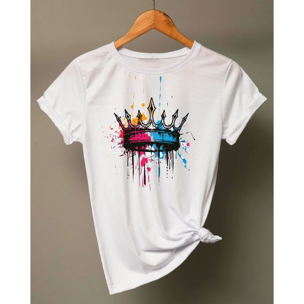 Camiseta Feminina Básica 100% Algodão Super Confortável Estampa Coroa Moderna Desenho