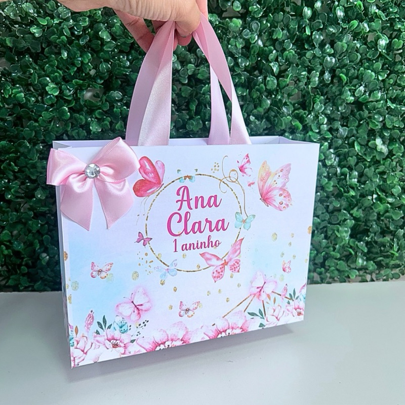 Sacolinha Personalizada Jardim das Borboletas Rosa - Lembrancinhas Aniversário - festa infantil