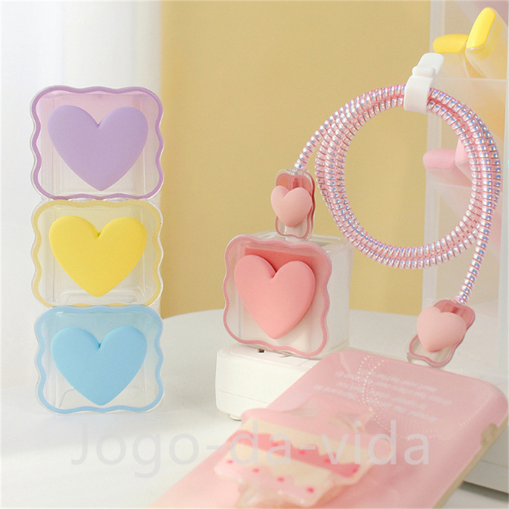 Capa de silicone para carregador mola com enrolamento de cabos para carregador iphone adaptador18W 20W Padrão de coração em Oferta na Shopee