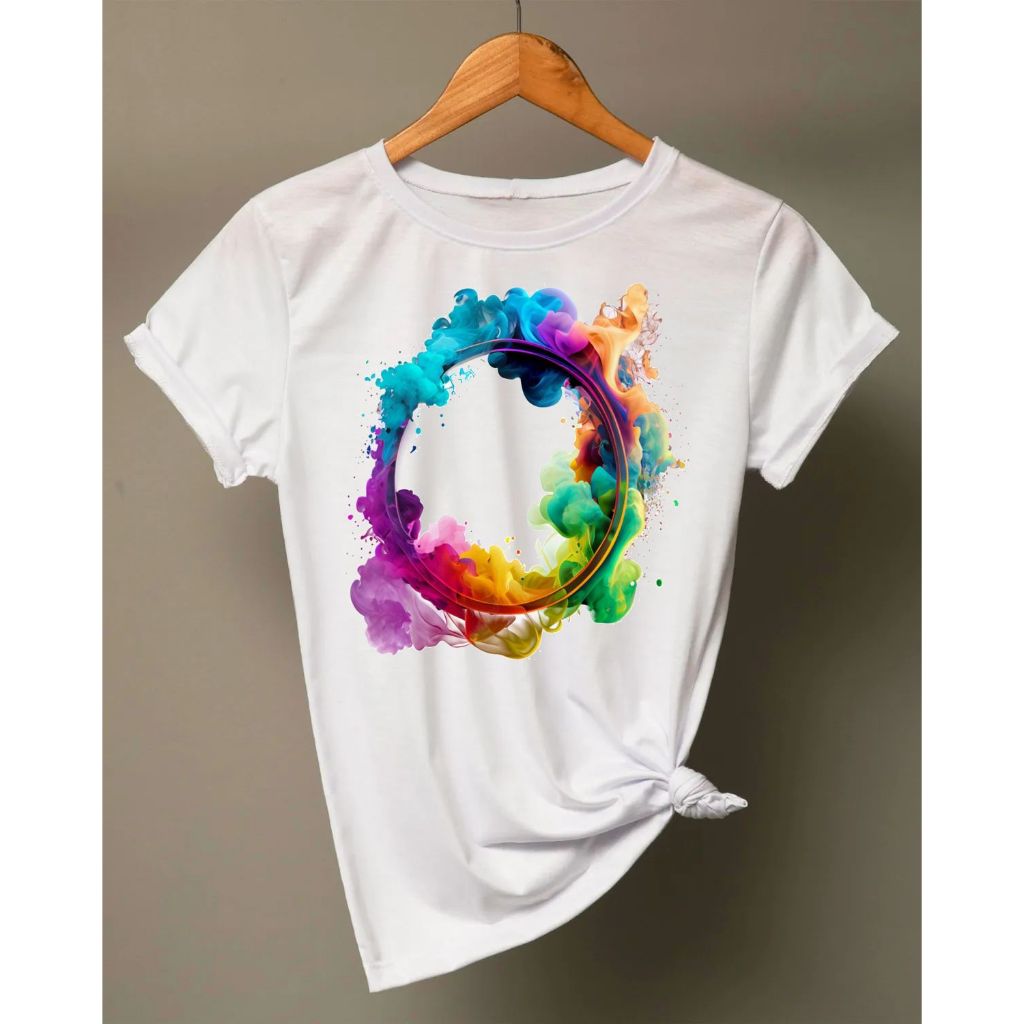 Camiseta Feminina Super Confortável 100% Algodão Estampa Circulo Colorido Moderno