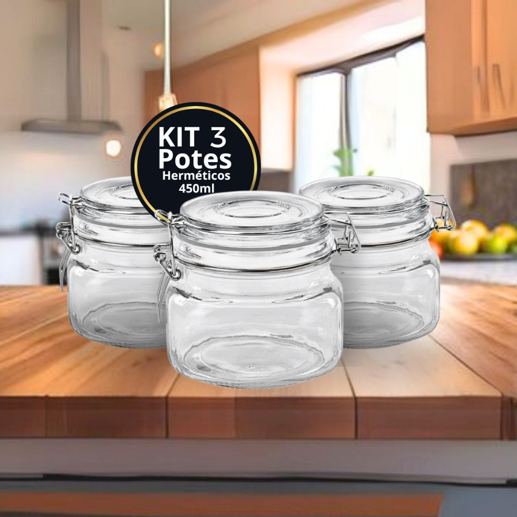 POTE DE VIDRO PREMIUM 450ML HERMÉTICO COM TRAVA DE INOX KIT OU AVULSO