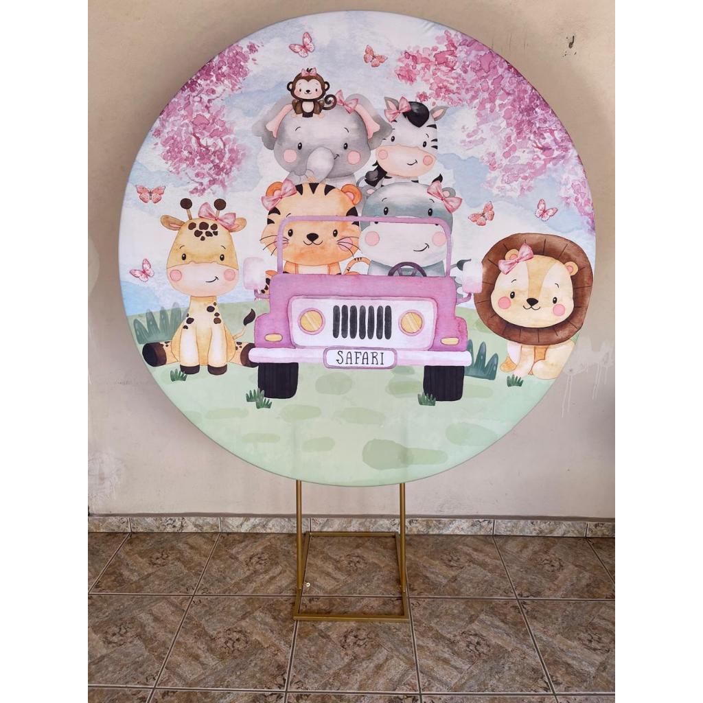 Capa para painel de Festa Redondo 1,50 mts Malha Sublimado Safari Baby Carro Rosa