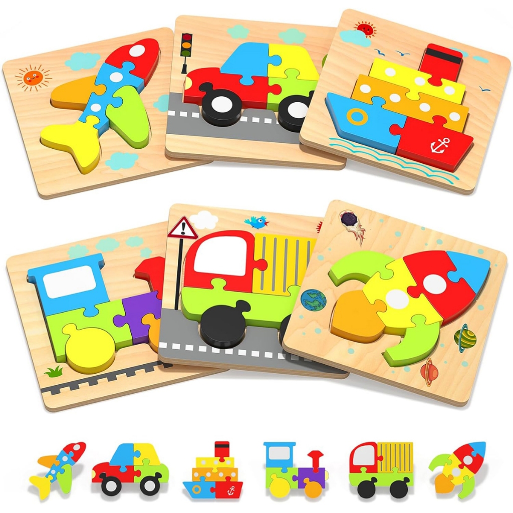 Quebra-Cabeça de Madeira Infantil 6 Formas Blocos Educativos Montessori Brinquedo Seguro 1-3 Anos