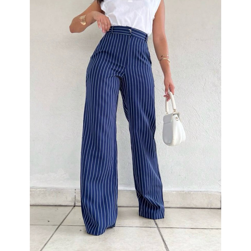 CALÇA FEMININA PANTALONA LISTRADA EM ALFAIATERIA