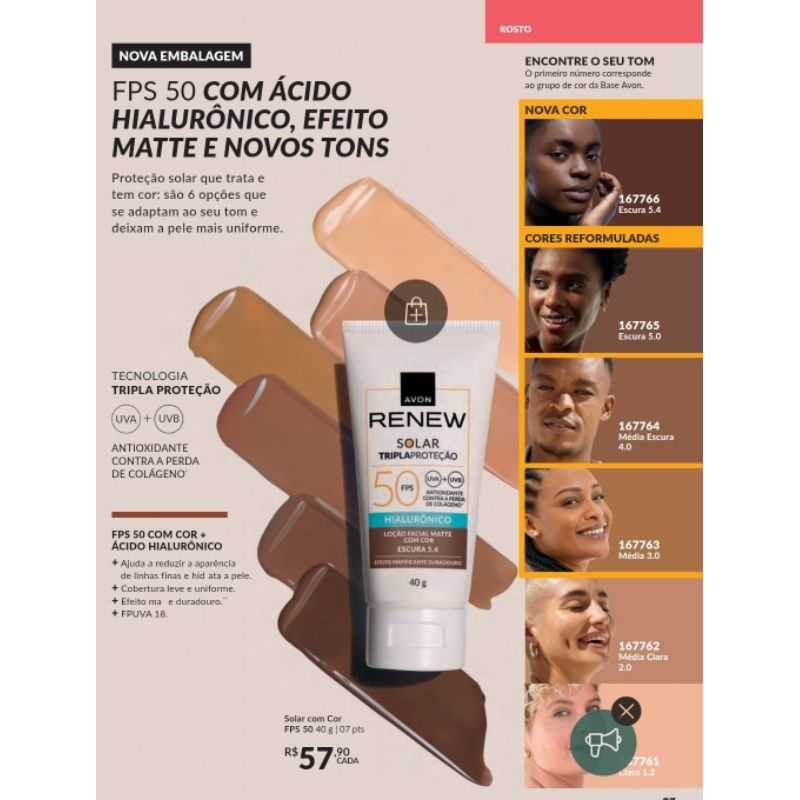 Protetor Solar Renew Com Cor Fps 50 + Ácido Hialurônico- Avon em Oferta na Shopee