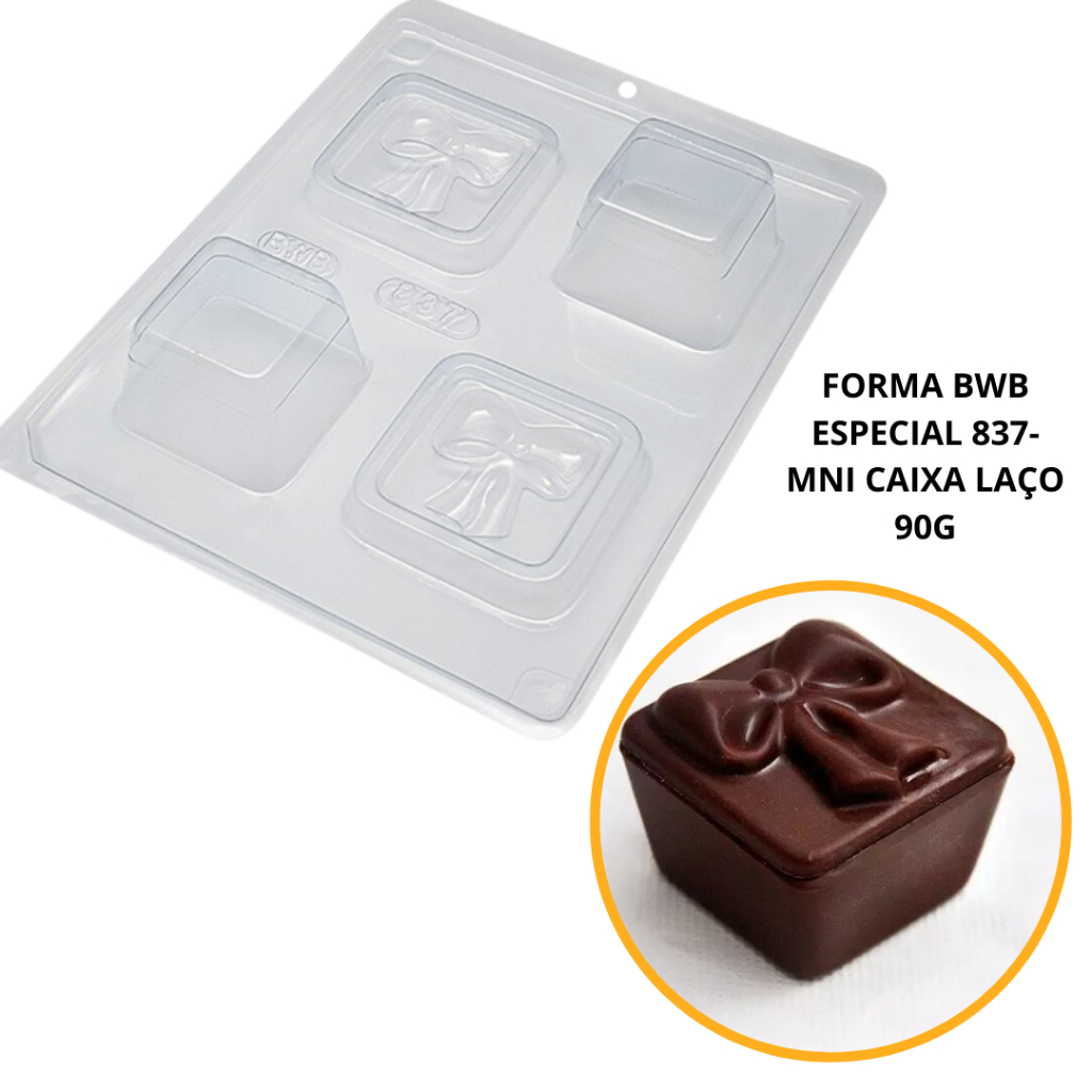 1~4 FORMAS BWB COM SILICONE (3 PARTES) CÓD.:837 - MINI CAIXA COM LAÇO 90g. (CHOCO)