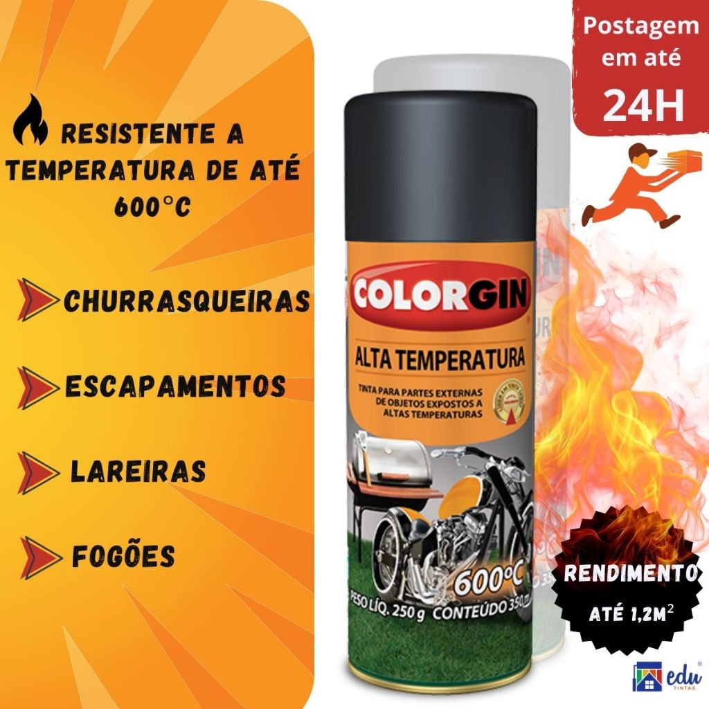 Tinta Spray Alta Temperatura Colorgin 600°C Preto fosco 350 ML