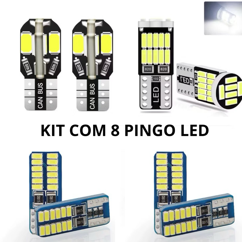 Kit 8 Lâmpadas LED T10 6000K Branco Puro - Placa, Farolete, Lanterna e Teto