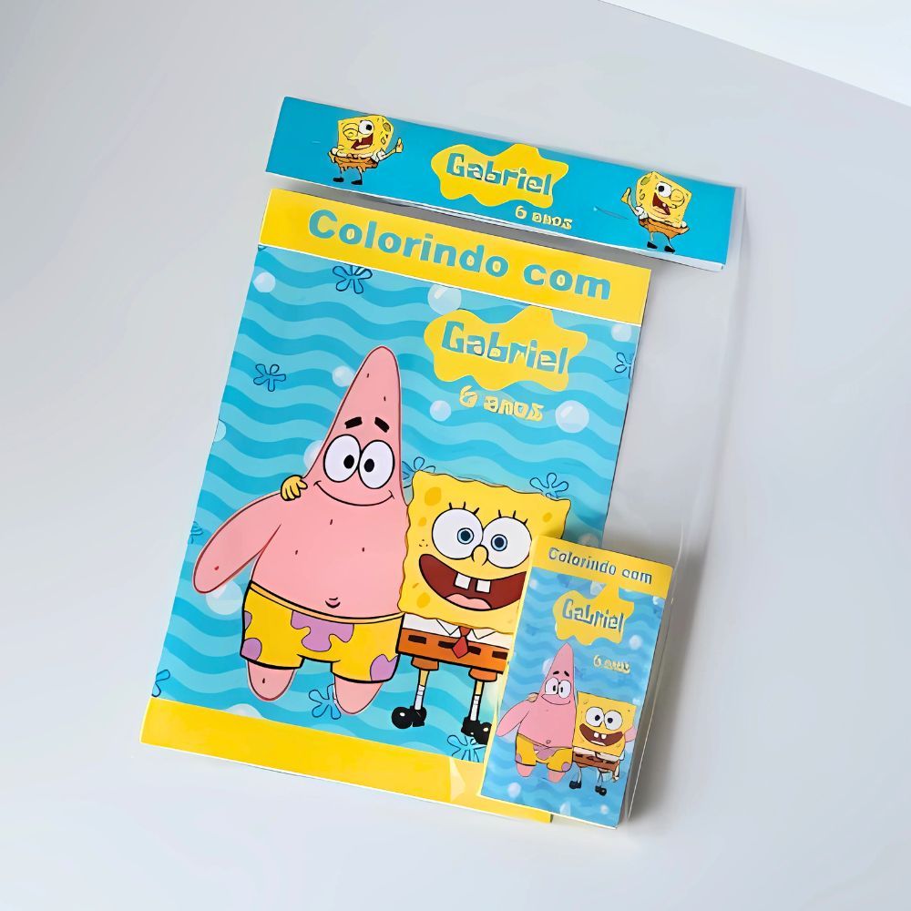KIT COLORIR PERSONALIZADO BOB ESPONJA LEMBRANCINHA COM LIVRO+CX DE GIZ em Oferta na Shopee