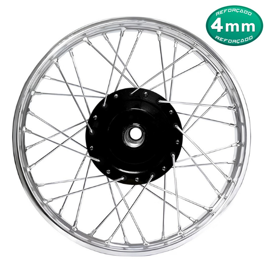 Roda Dianteira Montada e Alinhada Raio Cromado 4mm Cubo Preto Titan Fan 125/150 Freio Tambor