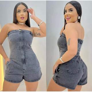 Macacão feminino jeans grafite Tomara que Caia