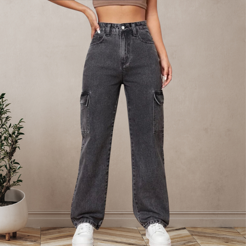 Calça Jeans Wide Leg Feminina Cargo Apronta Entrega Qualidade Cintura Alta com Bolsos Lateral Lançamento 2025 2026
