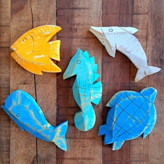 KIT 5 PEÇAS DE ANIMAIS MARINHOS ENFEITE DE PAREDE DE MADEIRA LINHA NÁUTICA em Oferta na Shopee