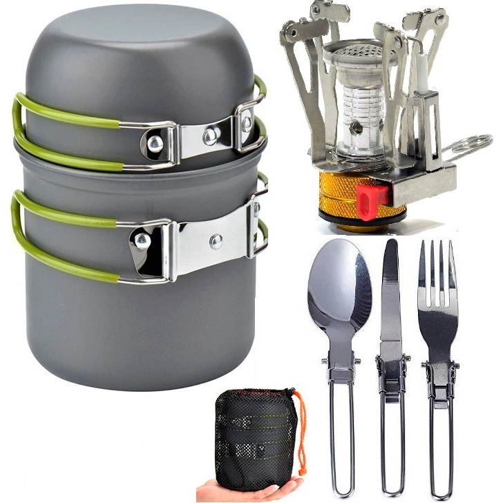 Kit Cozinha Portátil para Camping - Mini Fogareiro M1 + Conjunto Panela Camping 2 Peças + Talheres