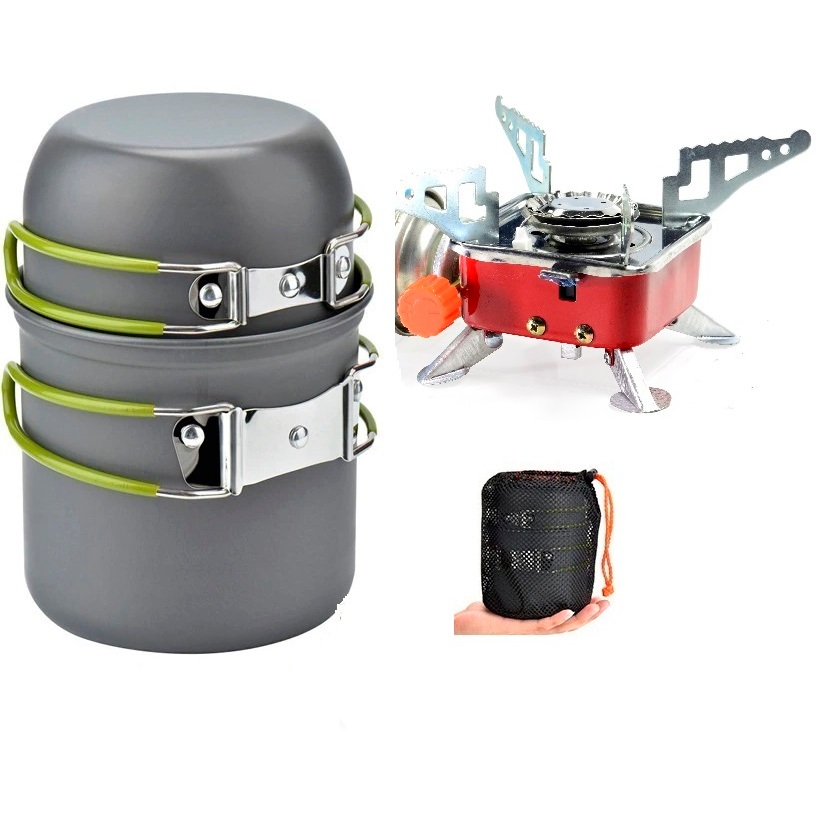Kit Cozinha Portátil Para Camping + Mini Fogareiro M3 + Conjunto Panela Camping 2 Peças