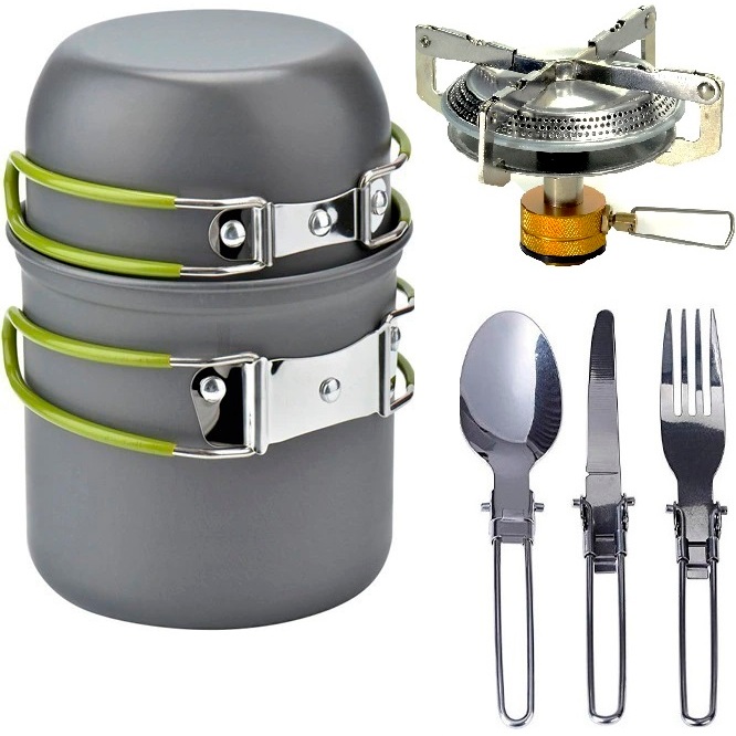 Kit Cozinha Portátil para Camping - Mini Fogareiro M7 + Conjunto Panela Camping+ Talheres Dobráveis