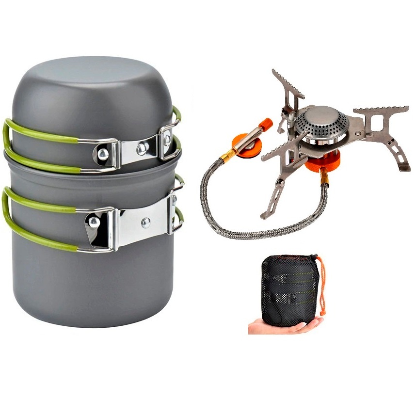 Kit Cozinha Portátil Para Camping - Mini Fogareiro M6 + Conjunto Panela Camping 2 Peças