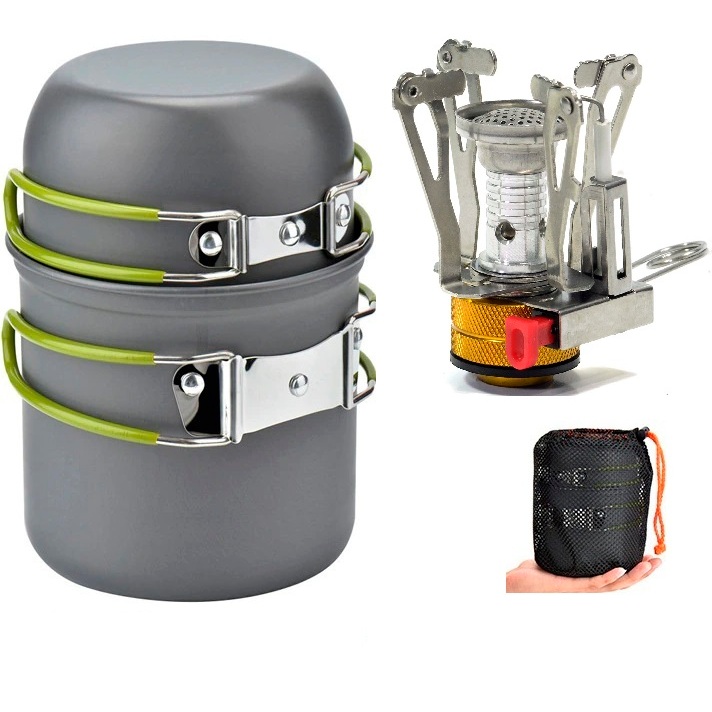 Kit Cozinha Portátil para Camping - Mini Fogareiro M1 + Conjunto Panela Camping 2 Peças