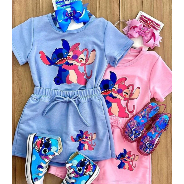 conjunto infantil stitch blusa e short saia menina infantil e juvenil 2 aos 14