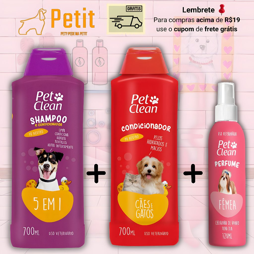 Kit Shampoo 5 em 1 + Condicionador + Perfume ou sem Perfume para Cães e Gatos Pet Clean