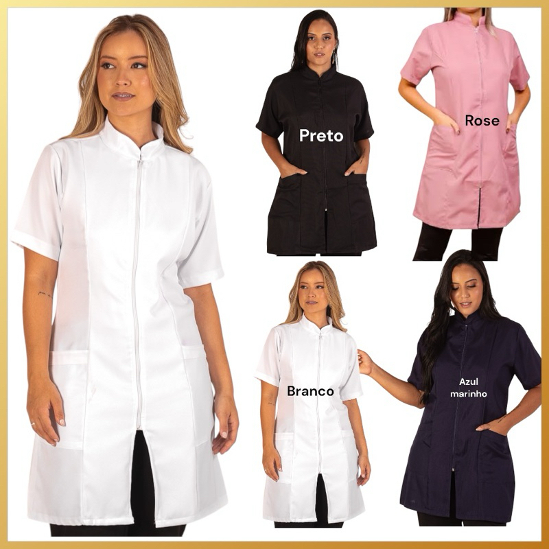 Jaleco Feminino Manga Curta  gabardine Acinturado Com Zíper Gola Padre Várias Cores