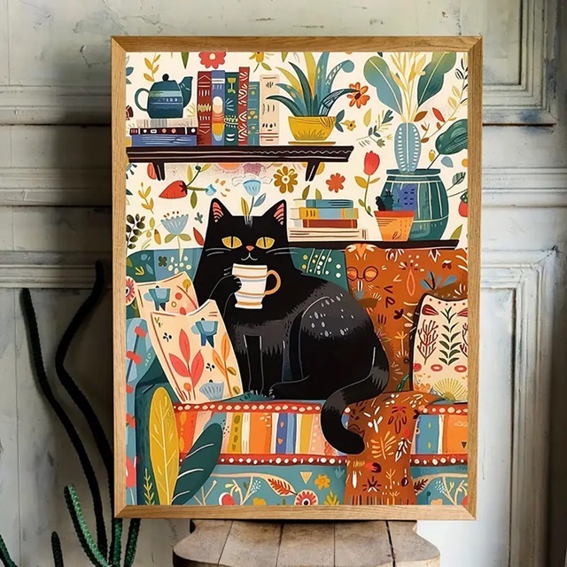 Quadro Decorativo Gato Preto na Poltrona – Arte Colorida Moderna para Sala e Quarto em Oferta na Shopee