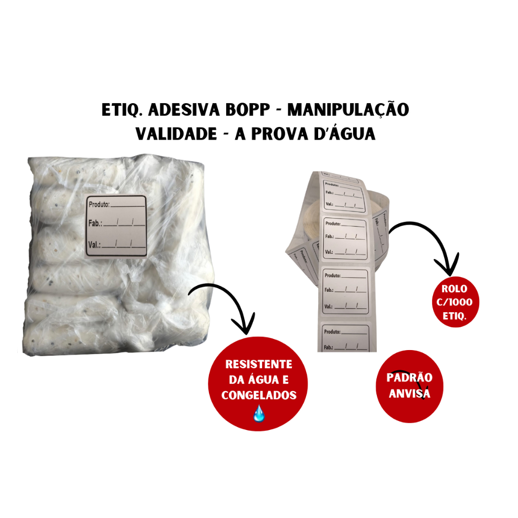 1000 Etiquetas Validade Manipulação Anvisa Congelados BOPP 40x40 Bobina Restaurante Delivery