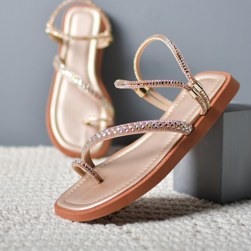 Sandalia Feminina Rasteirinha Flat Papete De Strass Colorido Brilho Dedo Ajustável Palmilh...