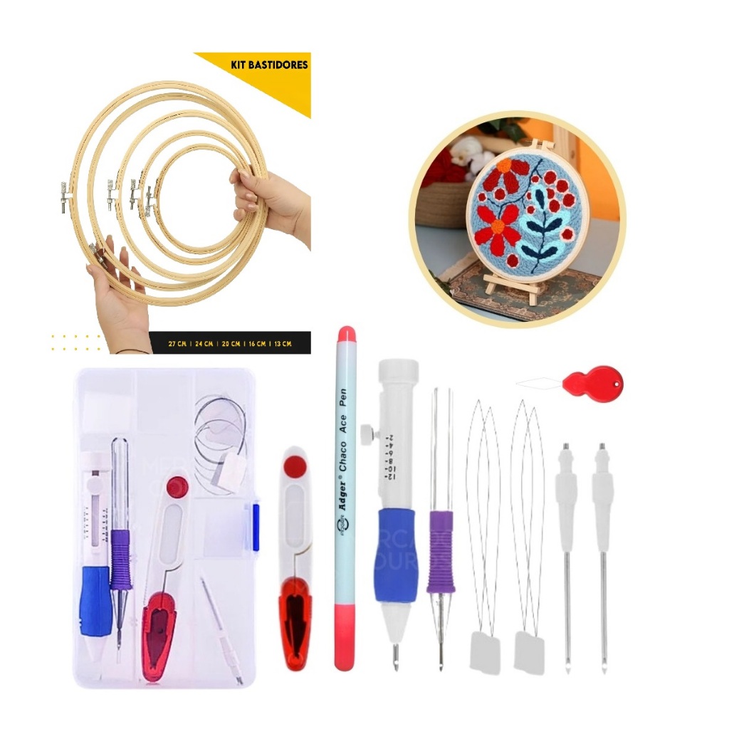 Kit Bastidor de Bambu Ajustável + Kit Agulha Mágica para Bordado Ponto Russo Completo Artesanato