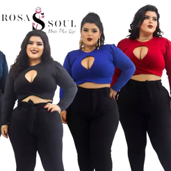 Cropped Michelly Plus Size manga Longa com decote Moda Feminina Curvy