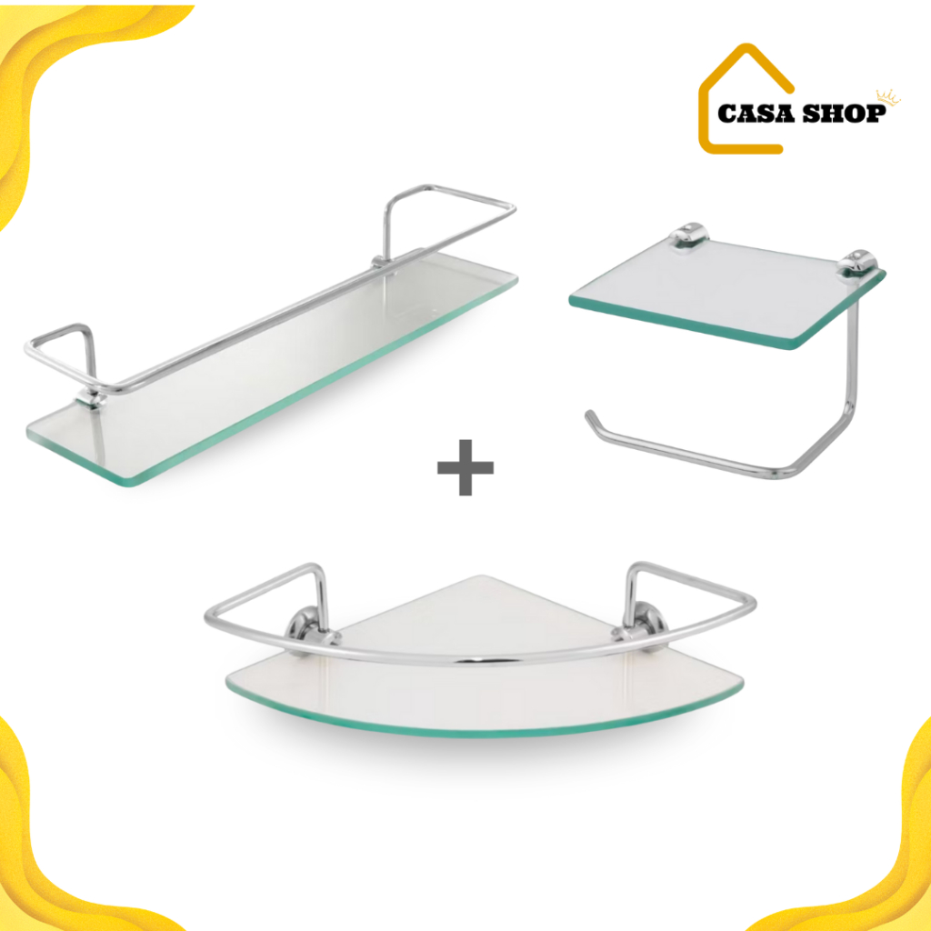 kit 3 acessórios para banheiro de vidro, porta shampoo reto e canto + papeleira com porta celular e utensílios