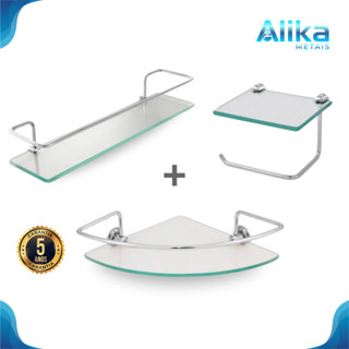kit acessórios para banheiro, lavabo vidro prateleiras porta shampoo reto e canto + papeleira porta celular em Oferta na Shopee
