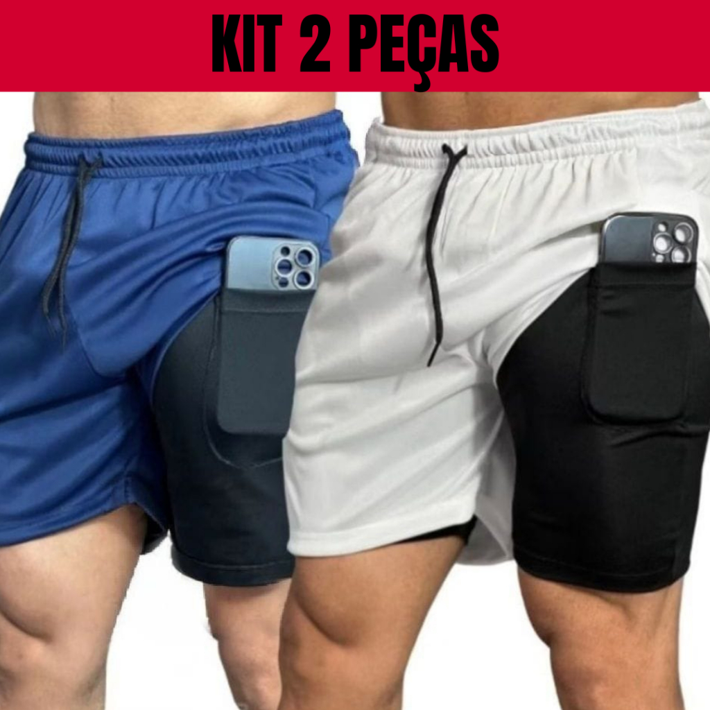 KIT 2 BERMUDAS 2 EM 1 MASCULINO SHORTS ESPORTE PARA TREINO DUPLA COM BOLSO INTERNO em Oferta na Shopee
