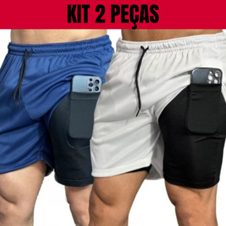KIT 2 BERMUDAS 2 EM 1 MASCULINO SHORTS ESPORTE PARA TREINO DUPLA COM BOLSO INTERNO em Oferta na Shopee