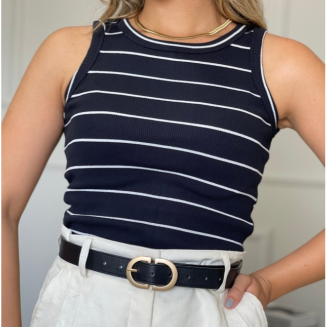 Regata Feminina Blusa Canelada Listrada Preto/Branco  Moda Blogueira P ao G2 Plus Size