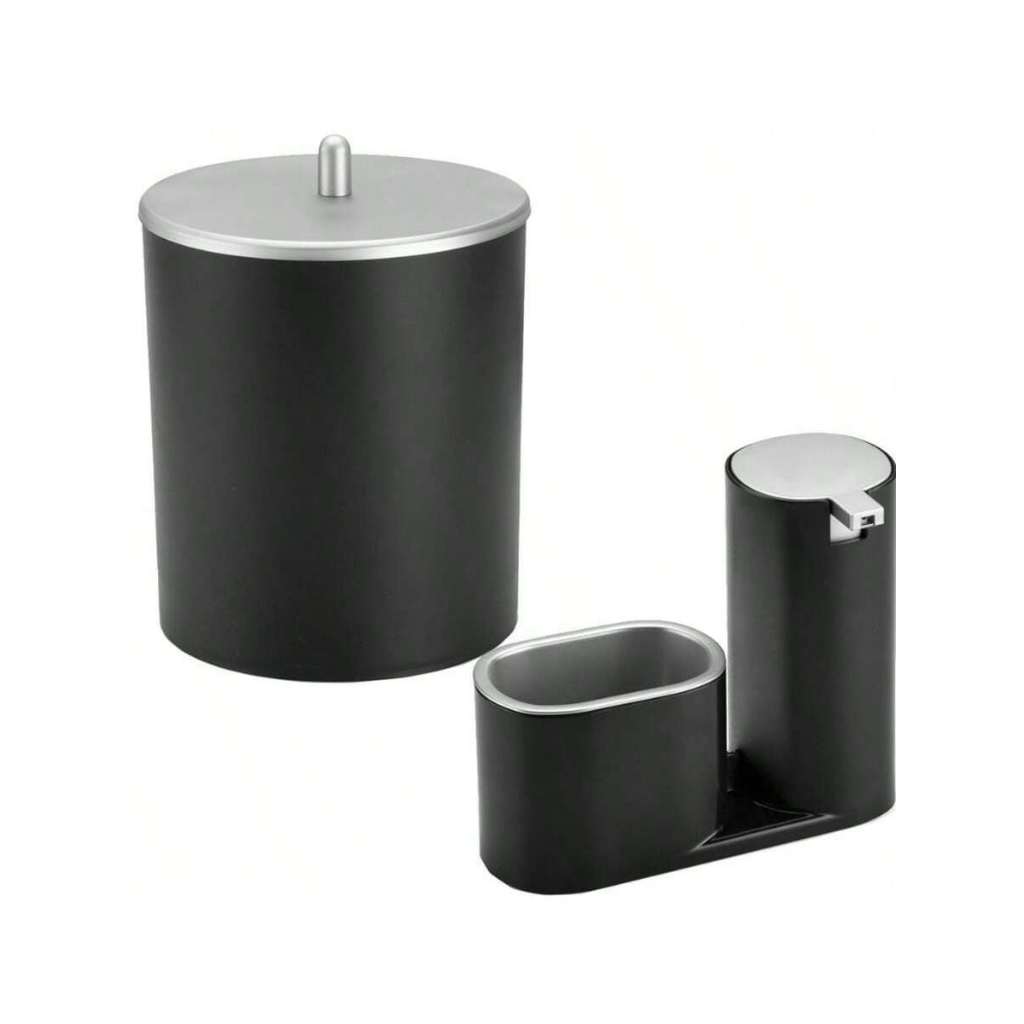 Kit Dispenser Detergente e Esponja Lixeira Luxo Pia Cozinha Preto/ Prata Arthi em Oferta na Shopee