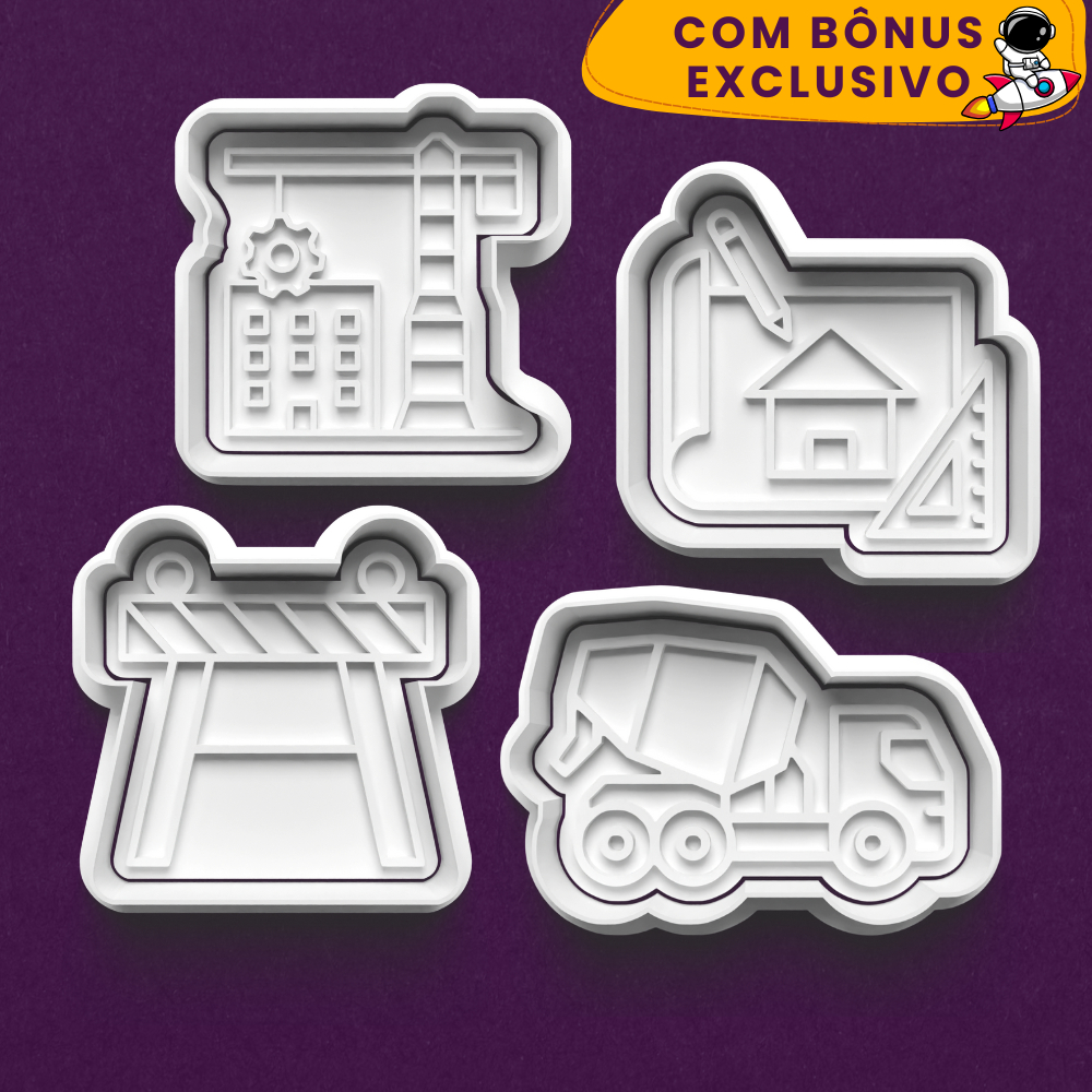 Kit 4 Cortador Marcador Cookie Construção Construtora Engenharia Civil Caminhão Barreira Guindaste Projeto Biscoito