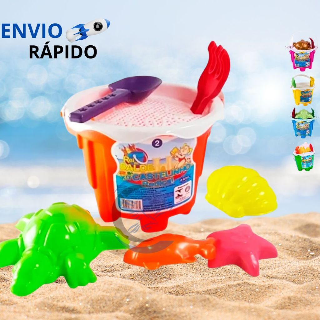 Baldinho de praia com 4 forminhas rastelo e pazinha