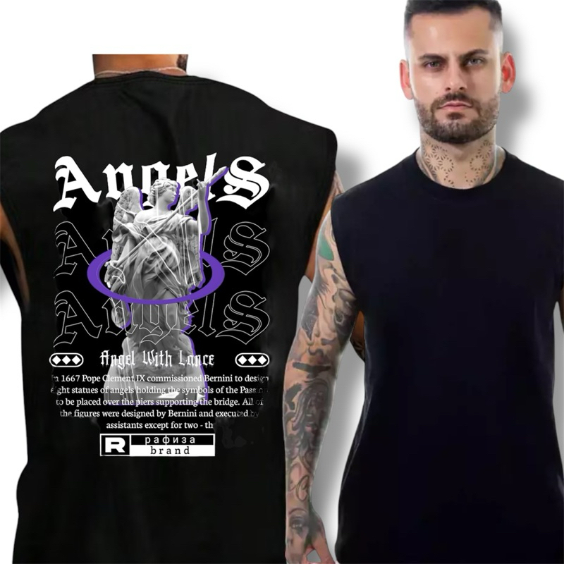 Regata Oversized  Camisa Cavada Blusa Estampada Treino Maromba Algodão Premium 30.1 Machão Streetwear Anjo Estampado